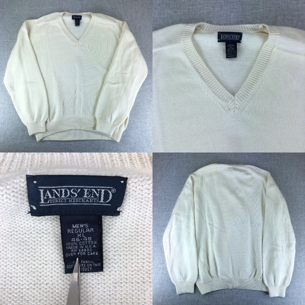 Vintage Lands' End V Neck Sweater Mens XL White Made in USA Cotton Heritage Prep